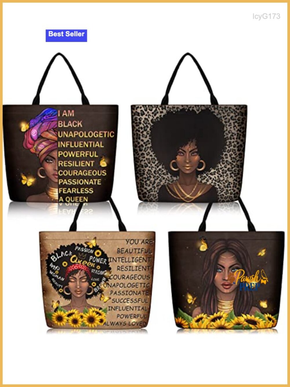 4 Pack African American Women Canvas Tote Bags Shoulder Bag Gifts